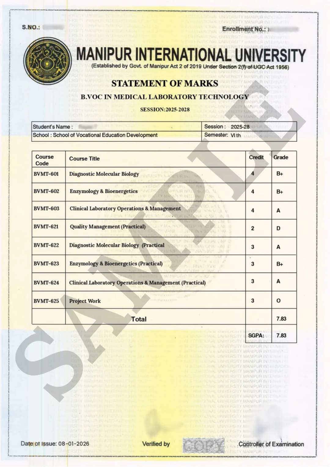 MIU sample course certificate